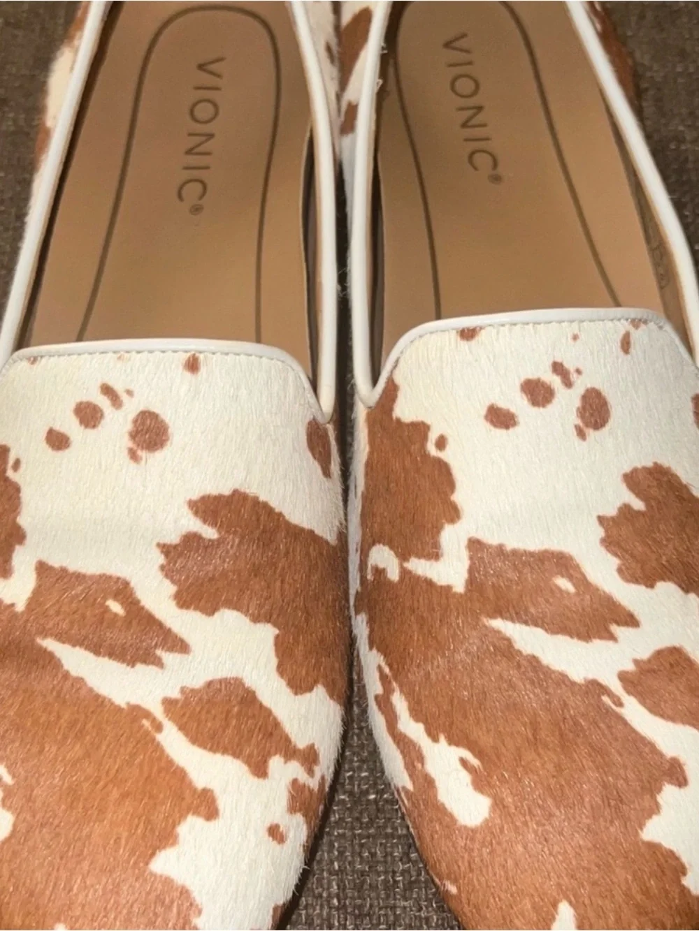 Vionic Calfhair Cowhide Slip-On Loafers in Brown and White 7.5